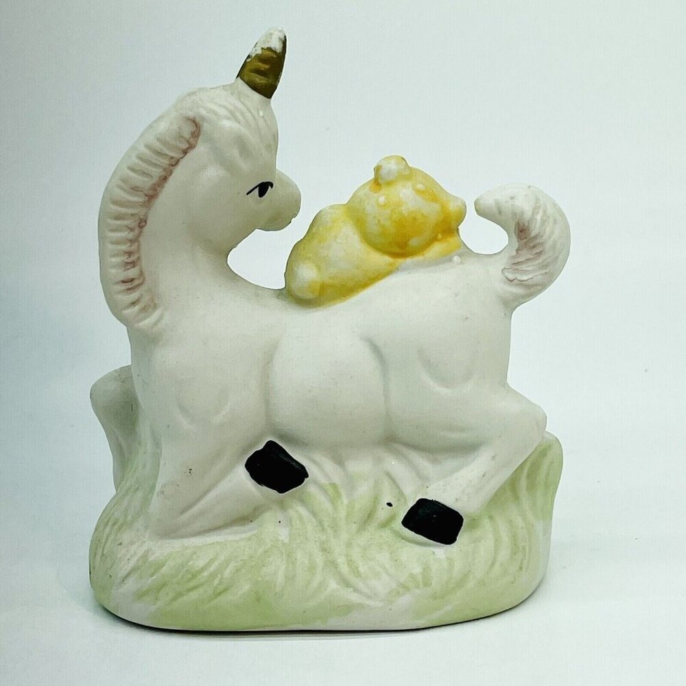 Whimsical Vintage Porcelain Figurine Yellow Teddy Bear Riding White Unicorn - Picture 3 of 9